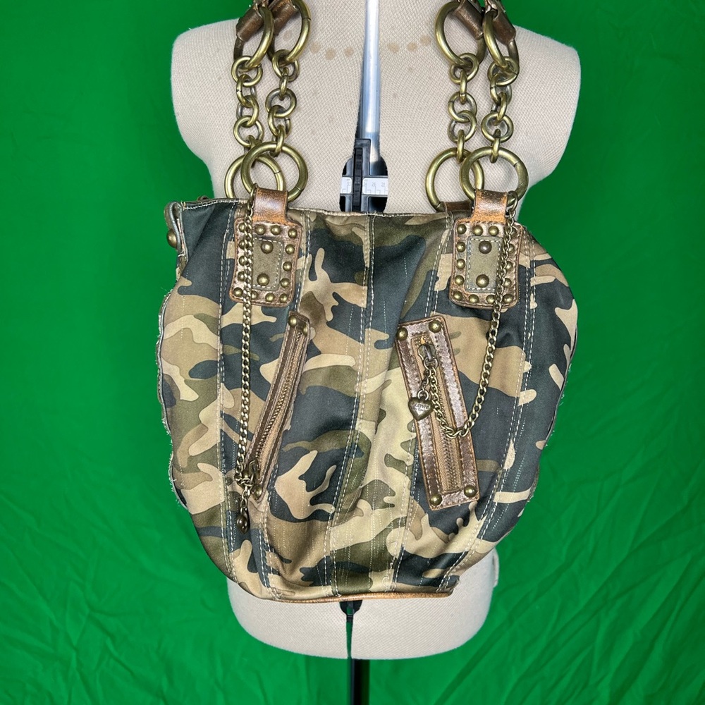 Kathy Van Zeeland Camouflage Shoulder Bag with Gold Chain Straps